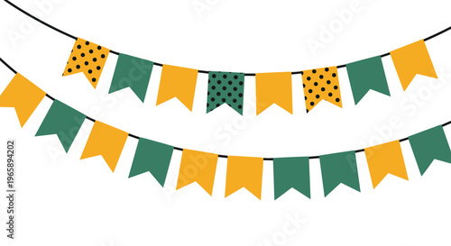 Festive strings of colorful bunting flags in yellow, green, and black patterns hanging against a white background for party and celebration themes.