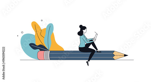 Creative illustration of a young woman sitting on a giant flying pencil while reading a book with colorful leaves trailing behind on white background.