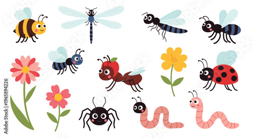 Collection of cute and friendly cartoon insects like bees, ladybugs, spiders, and worms with colorful flowers on a white background for kids education.