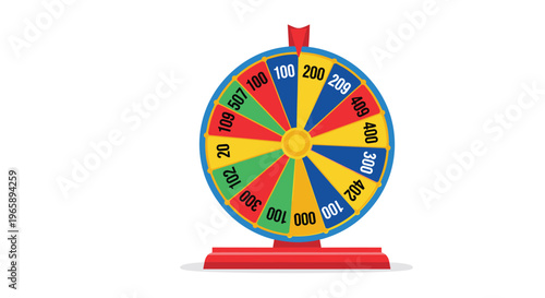 Colorful carnival fortune wheel game with various numbers in blue, yellow, green, and red sections isolated on a white background for gambling theme.