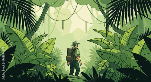 Man wearing backpack in green forest.