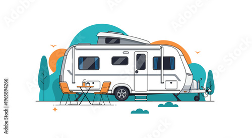 Modern travel trailer camper parked in a scenic landscape with trees, mountains, and sunset for road trip and outdoor adventure vacation concepts.