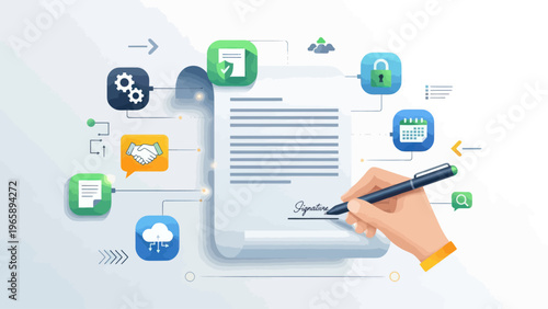 Hand holding pen signing document.