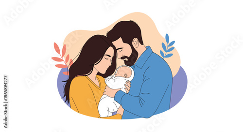 Loving young parents holding their newborn baby wrapped in a white blanket in a warm and gentle embrace with soft floral shapes in the background.
