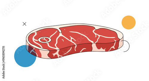 Large raw beef steak with marbling and a bone isolated on a white background with abstract blue and yellow circles for culinary and food concepts.