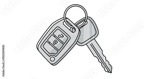 Modern car key with electronic remote lock fob attached to a metal ring is shown in a simple illustrative style for automotive themes.
