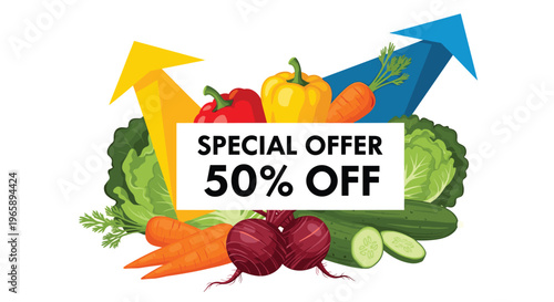 Fresh organic vegetables including bell peppers and carrots surround a special offer banner promoting a fifty percent discount for healthy eating.