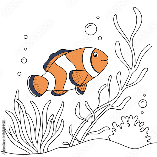 Adorable clownfish swimming near seaweed and coral reef in deep blue ocean waters coloring book vector illustration for children and primary school