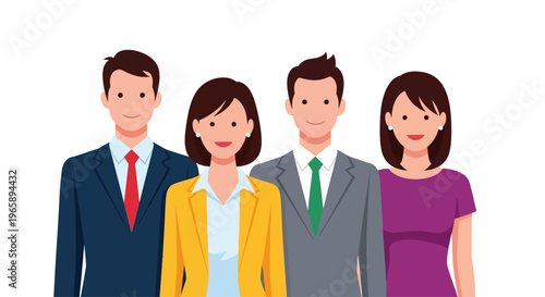 Four business people standing together smiling.