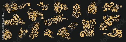 Golden arabesques and decorative elements on black isolated background. Vintage swirl-style ornament. Elegant filigree ornament. Vector Slavic traditional motif. For card, wedding, and invitation.