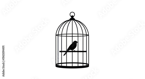 Bird Sitting on Perch Inside Cage.