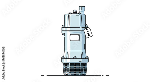 Industrial vertical submersible water pump used for drainage or irrigation is depicted in a clean technical line art illustration style.