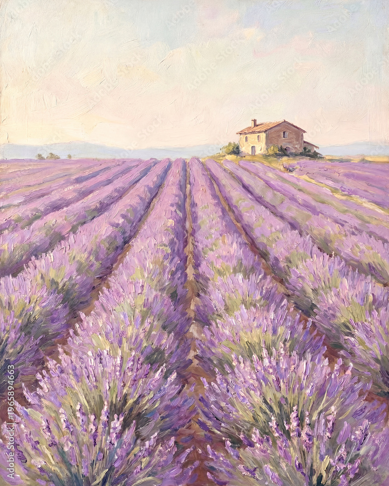 Obraz premium A beautiful landscape of lavender fields with a rustic house in the background.