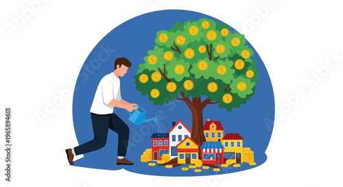 Man Watering Tree with Blue Watering Can.