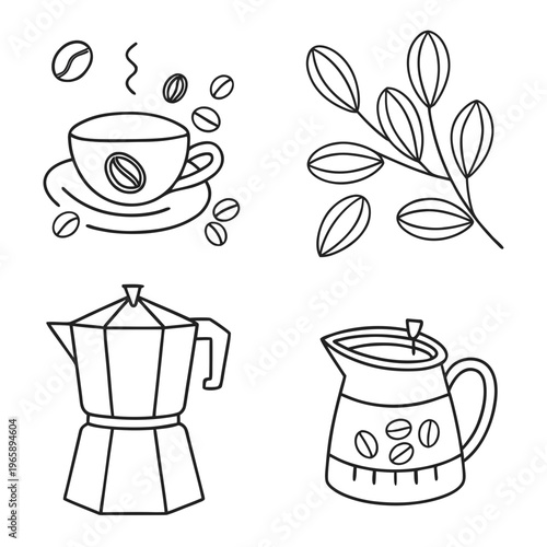 Outline vector set of coffee elements with steaming cup, beans, moka pot, and branch with pods, hot drink icons