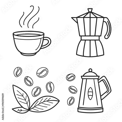 Outline vector set of coffee elements including steaming cup, moka pot, coffee beans, and green leaves, beverage icons