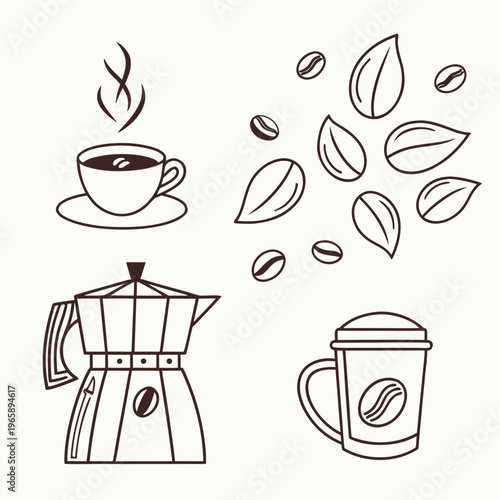 Outline set coffee elements with cup, pot, beans, and leaves, hot beverage kitchenware symbols for cafe menu or packaging design