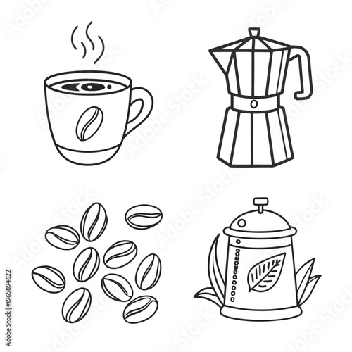 Outline vector set coffee elements with steaming cup, moka pot, coffee beans, and tea kettle, hot beverage symbols