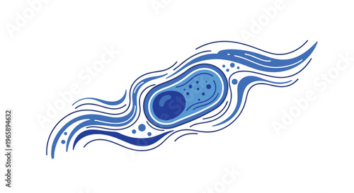Abstract blue illustration of a biological cell showing internal organelles and fluid movements is used for scientific or educational purposes.