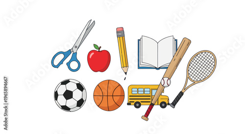 School supplies and sports equipment icons.