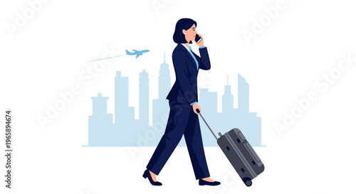 Businesswoman walking with suitcase on phone.