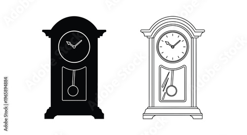 Two antique grandfather clocks in contrasting black and white outlines