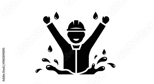 Happy oil worker celebrating successful oil discovery with raised hands and petroleum splash silhouette icon