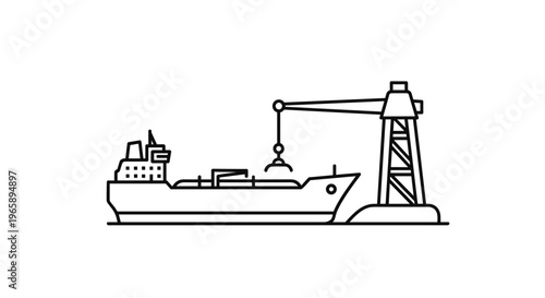 Cargo tanker ship at seaport dock with loading crane line icon illustration for maritime transport and logistics