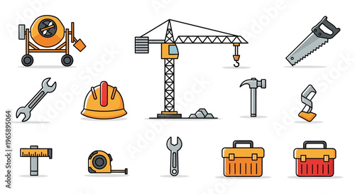 Construction tools and equipment icons.
