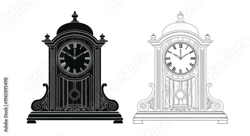 Two antique grandfather clocks depicted in black and white line art styles
