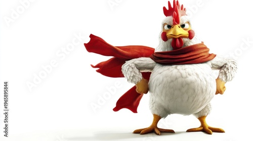 Super Rooster, winter scarf, white background, farm illustration