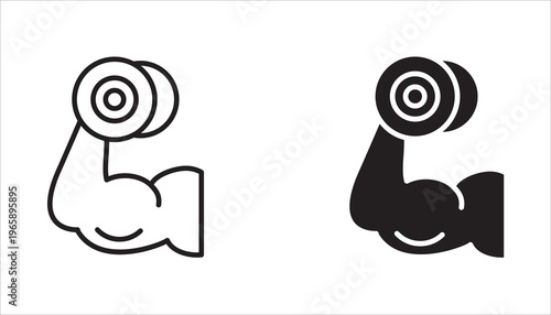 Gym icon set. Muscle icon set, featuring flexed biceps and dumbbells for strength training and workout design. Flexed biceps arm icon. Transparent. White background.