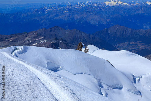 Mountain glacier panorama of Monte Rosa massif with summits Corno Nero (Schwarzhorn, middle left) and Ludwigshöhe (middle right) in Pennine Alps, Italy