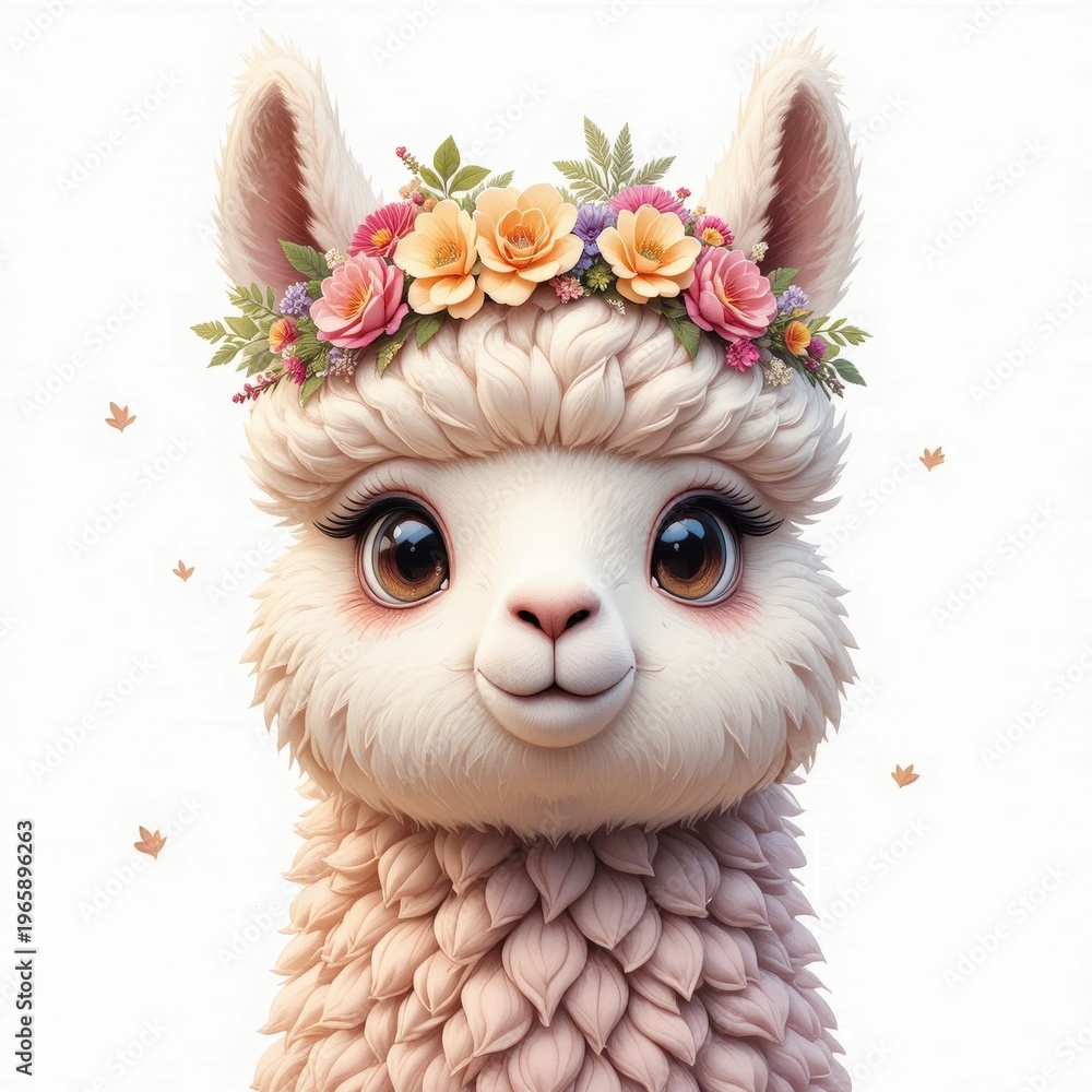 Obraz premium Cute and Adorable Cartoon Alpaca with Flower Crown and Big Eyes in a Whimsical Style