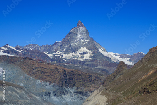 Mountain panorama with Matterhorn seen from Gorner Glacier in Pennine Alps, Switzerland