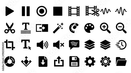 Collection of diverse digital interface icons representing multimedia editing tools and creative software functions for web and app design