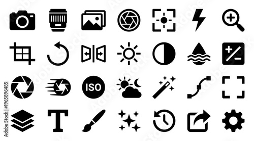Fotografie Collection of modern flat icons representing photography editing tools and camer
