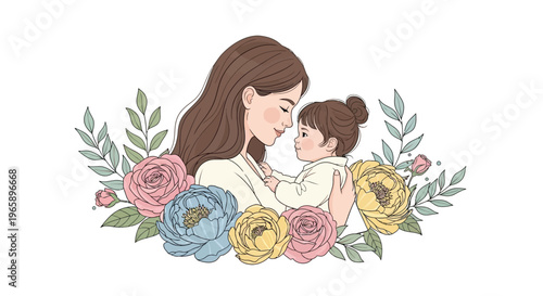 Mother and little girl sharing a tender moment with flowers around them