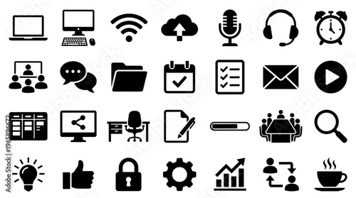 Collection of modern flat icons representing digital technology, business, communication, and office work concepts on a white background
