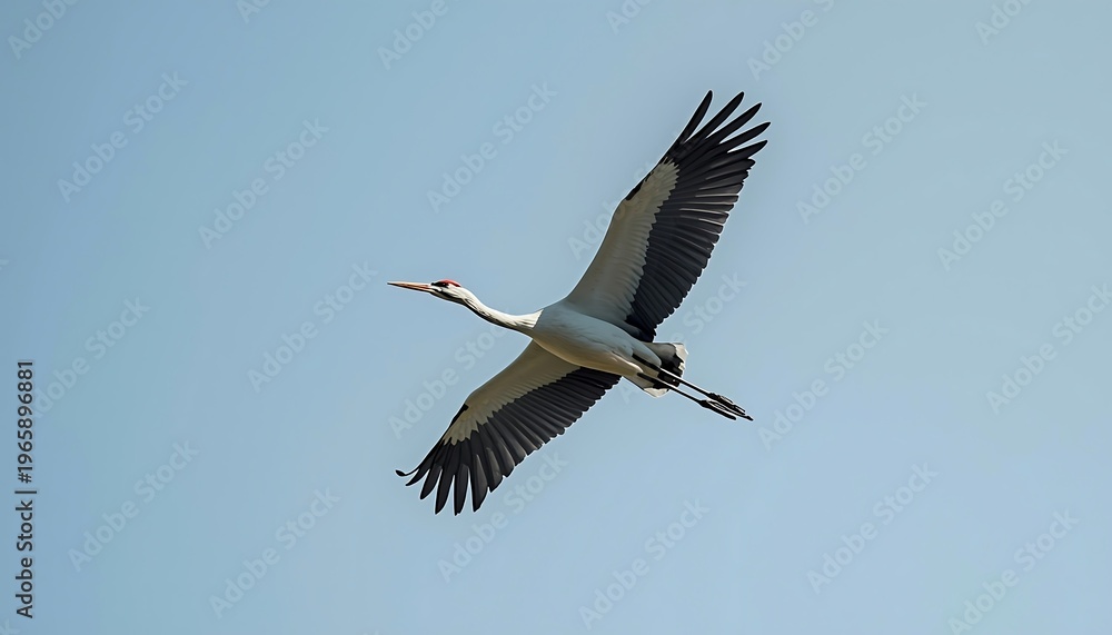 Obraz premium A majestic white crane with dark wing tips is gracefully flying across a clear blue sky.