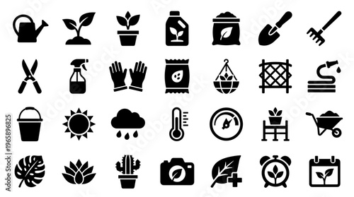 Gardening tools and supplies icons set for plant care and cultivation, representing a healthy lifestyle and hobby activities