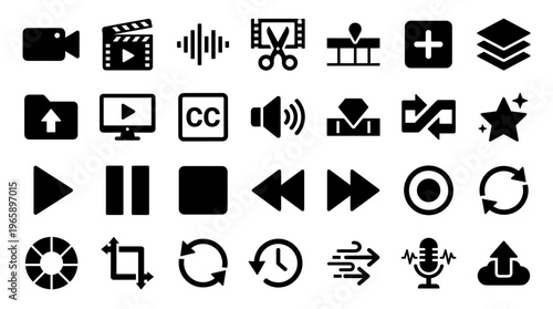 Collection of black video editing icons and symbols representing digital media creation and multimedia production tools on a white background