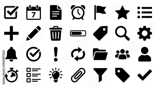 Collection of modern flat design icons representing business tasks organization and planning elements for web and app interfaces