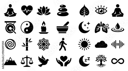 Collection of wellness and health icons representing meditation yoga balance nature and spiritual symbols for holistic wellbeing and healthy lifestyle concepts