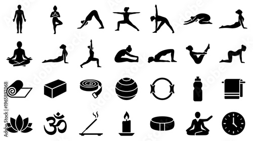Yoga Poses and Accessories Silhouette Collection Diverse Asanas and Equipment for Wellness and Fitness