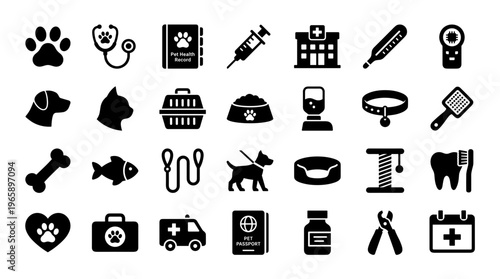 Collection of veterinary and pet care icons representing animal health services, medical treatments, and pet supplies for a healthy lifestyle