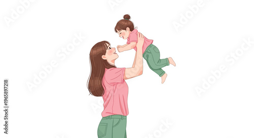 Mother playfully lifts her joyful little girl in the air with love and care always
