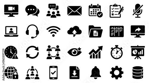 Collection of modern flat icons representing business, technology, communication, and data management concepts for digital interfaces and web design