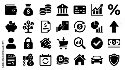 Collection of finance and business icons representing money management, savings, investment, banking, and digital payments on a white background