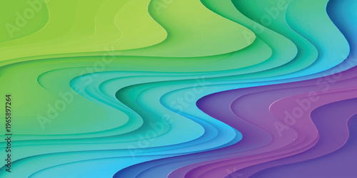 An abstract colorful blue background featuring a winding vector wave pattern with curved lines and a rainbow path design that resembles a vibrant light highway or water flow illustration